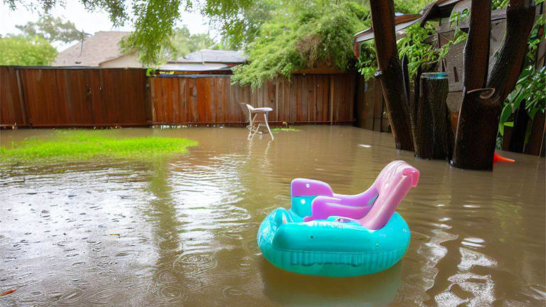 Flooded backyard solution with pink inflatable chair floating by.