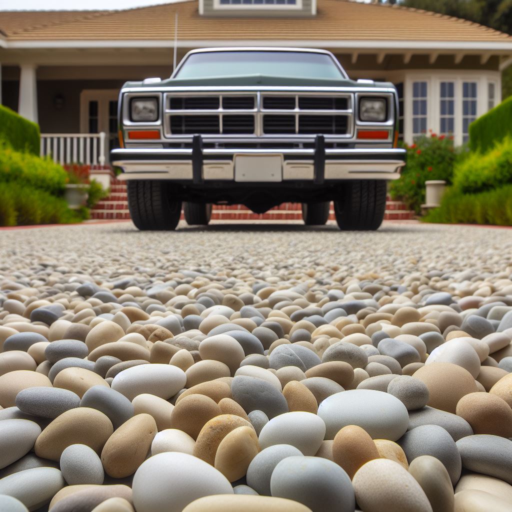 Inexpensive Driveway Millings alternative with a late 1980s pickup truck parked on it.